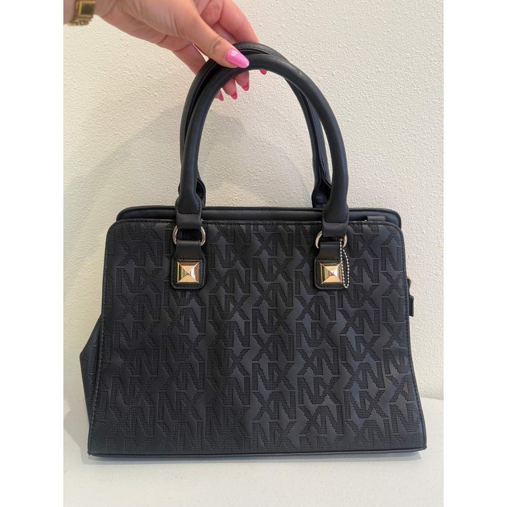 Nikky by Nicole‎ Lee Black Monogram Embossed Satchel Handbag Gold Hardware